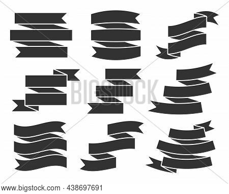 Ribbon Banner Flag Festive Attribute Black Flat Set. Sale Discount Important Event. Flexible Blank F