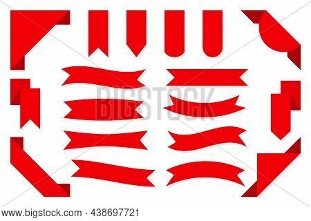 Ribbon Red Decor Corner Bookmark Mark Flat Set. Sticky Note Attention Label Tag. Decorative Flags Of