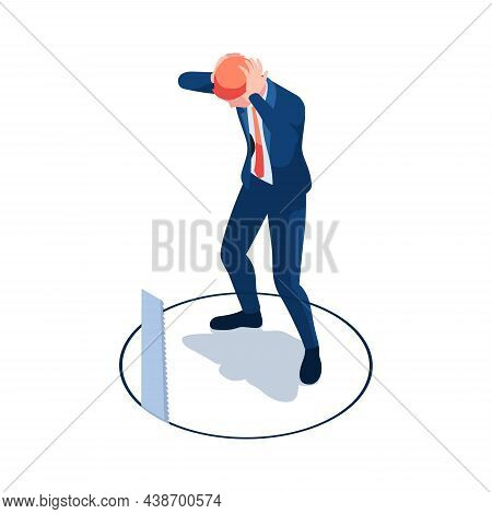 Flat 3d Isometric Businessman Worried About Saw Cutting The Floor Beneth Him. Business Rival Concept