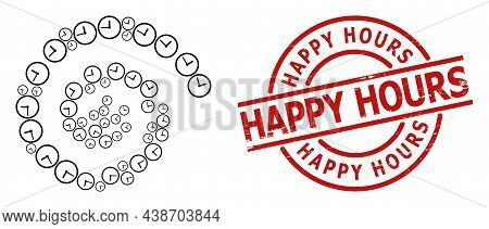 Clock Icon Spiral Stream Collagewith Happy Hours Corroded Stamp Print. Clock Icons Are Arranged Into