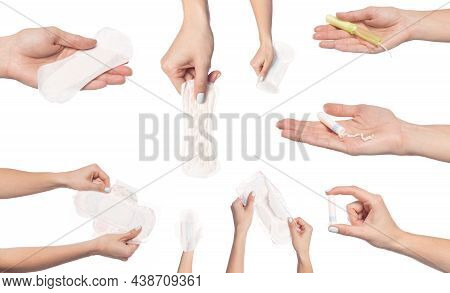 Set Of  Female  Hands  Holding Care Objects  -  Pads And Tampon Sisolated On White Background - Imag