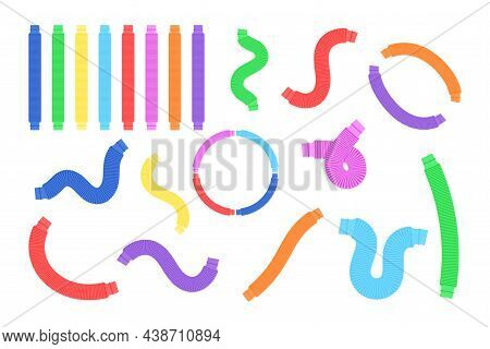 Pop Tubes Isolated. Trendy 2021 Sensory Fidgets Poptubes Collection. Popular Antistress Toys For Chi