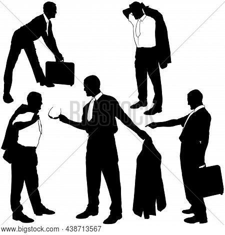 Set Of Businessman Silhouettes - Black Illustrations Isolated On White Background, Vector