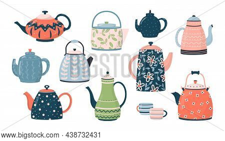 Collection Of Teapots And Kettles Isolated On White Background. Ceramic Drinkware Or Glassware For T
