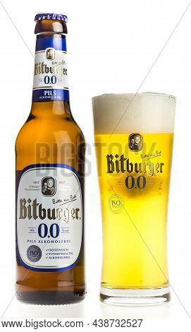 Groningen, Netherlands - October 31, 2021: Bottle And Glass Of German Non-alcoholic Bitburger Lager 