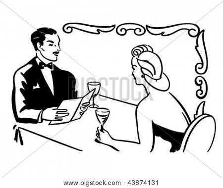 Classy Couple Dining - Retro Clip Art Illustration