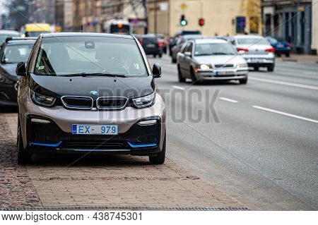 Riga, Latvia, November 2, 2021: Bmw I3 Electric Car Is Parked On A City Street, The I3 Is Bmw First 