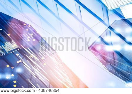 Business Bar Chart With Icons And Growing Market Changes. Double Exposure With Building Skyscrapers,