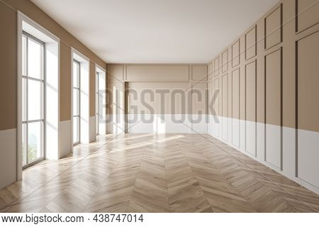 Unfurnished Living Room With Beige And White Walls, Floor To Ceiling Windows And Parquet Flooring. C
