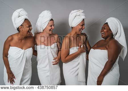 Happy Women With Different Ages And Body Size Having Skin Care Spa Day - People Wellness And Selfcar