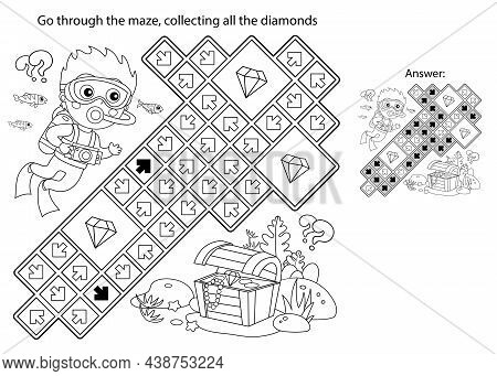 Maze Or Labyrinth Game. Puzzle. Coloring Page Outline Of Cartoon Boy Scuba Diver With Chest Of Treas
