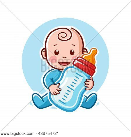 Baby Nutrition. Cute Little Baby With Baby Milk Bottle. Isolated Vector Illustration