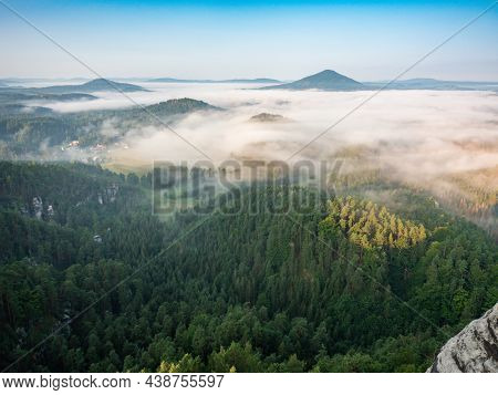 Autumnal Misty Foggy Morning In Valley Of Bohemian Switzerland Park, Hills With Fog, Landscape Of Cz