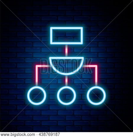 Glowing Neon Line Algorithm Icon Isolated On Brick Wall Background. Algorithm Symbol Design From Art