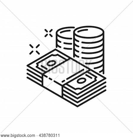 Money Paper Bills And Coins Isolated Thin Line Icon. Vector Finance Banknotes, Credit. Money Transfe