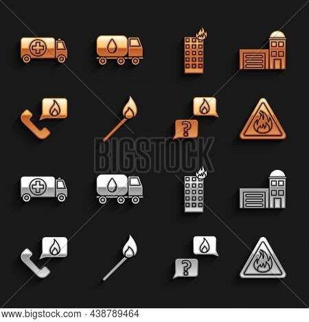 Set Burning Match With Fire, Building Of Station, Fire Flame Triangle, Phone Emergency Call 911, Tel