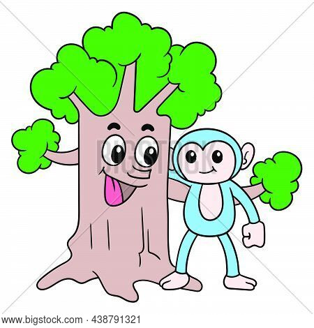 The Friendly Faced Lush Tree Befriends The Cute Monkeys In The Forest, Vector Illustration Art. Dood