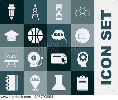 Set Clipboard With Checklist, Head Gear Inside, Hand Thumb Up, Old Hourglass Sand, Basketball Ball, 