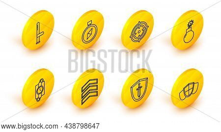 Set Line Shield, Medieval Shield With Sword, Military Rank, Dynamite Stick And Timer Clock, Bomb Rea