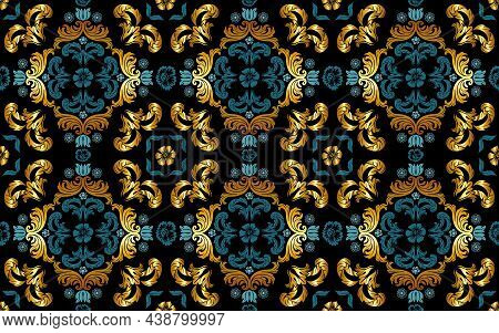 Floral Pattern With Golden Leaves And Dark Blue Leaves As Luxurious Mosaic For Printmaking On Textil