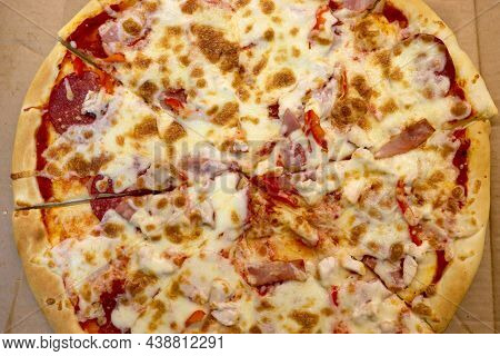 Pizza With Chicken Ham And Tomatoes. View From Above. Pizza Margaritta