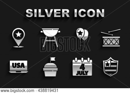 Set Cake, Drum And Drum Sticks, Shield With Stars, Calendar Date July 4, Usa On Laptop, Balloons, In