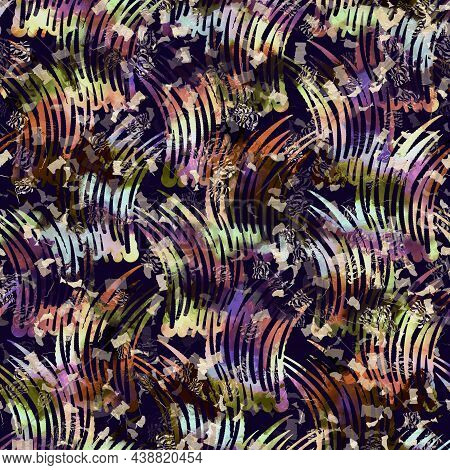 Exotic Multicoloured Boho Stripe Line Print. Seamless Autumnal Dark Ground Detailed Repeat Pattern. 