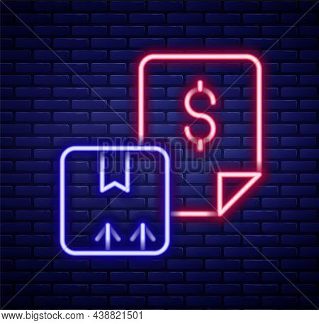 Glowing Neon Line Waybill Icon Isolated On Brick Wall Background. Colorful Outline Concept. Vector