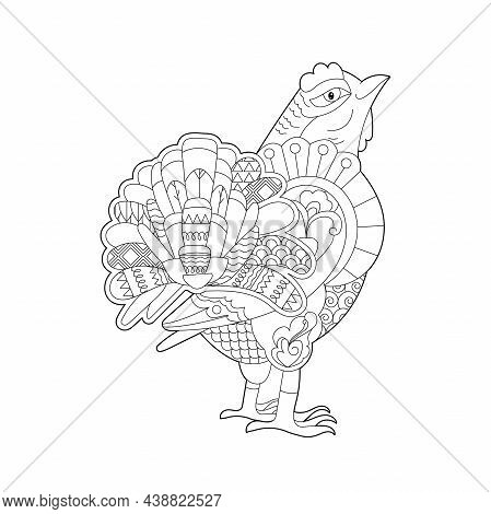 Cute Grouse. Doodle Style, Black And White Background. Funny Bird, Coloring Book Pages. Hand Drawn I