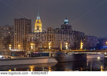 View To The Borodinsky Bridge And Moscow Old Classical Buildings At Night. Landscape Of Moscow Archi
