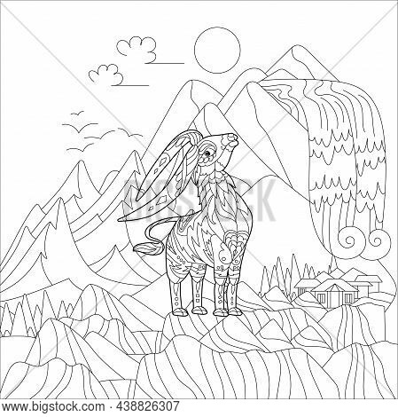 Cute Animal Ibex Near Mountains. Doodle Style, Black And White Background. Funny Animal, Coloring Bo