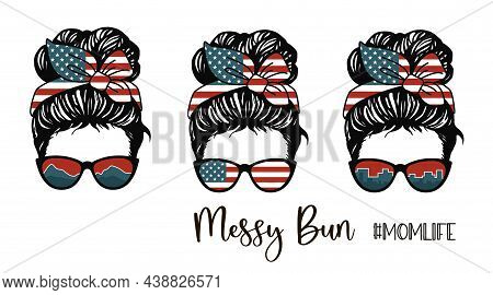 Messy Bun, Girl With Patriotic Messy Bun And Glasses, American Flag Bandana