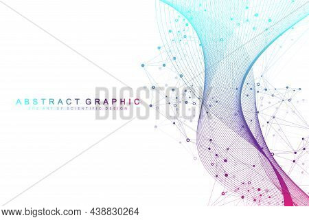 Digits Abstract Background With Connected Line And Dots, Wave Flow. Digital Neural Networks. Network