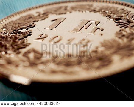 One Swiss Franc Coin Close-up. Catchy Illustration About The Economy, Business, Money And Finance Of
