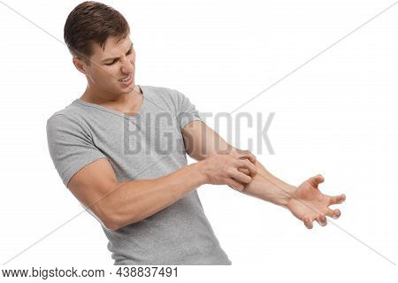 Upset Sad Young European Man Suffering From Irritation And Itching, Isolated On White Background, Em