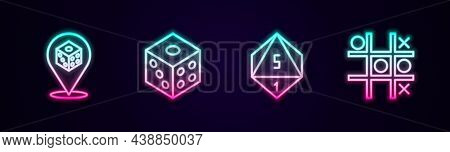 Set Line Game Dice, And Tic Tac Toe Game. Glowing Neon Icon. Vector