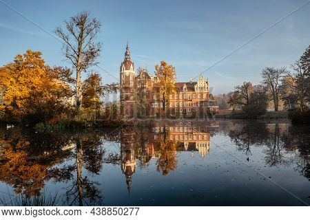 Prince Pueckler Park And Castle Reflected In Water,bad Muskau On German Polish Border.spectacular Pa