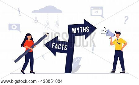 Myths And Facts Information Accuracy In Flat Tiny Persons Concept Businessman And Directional Sign O