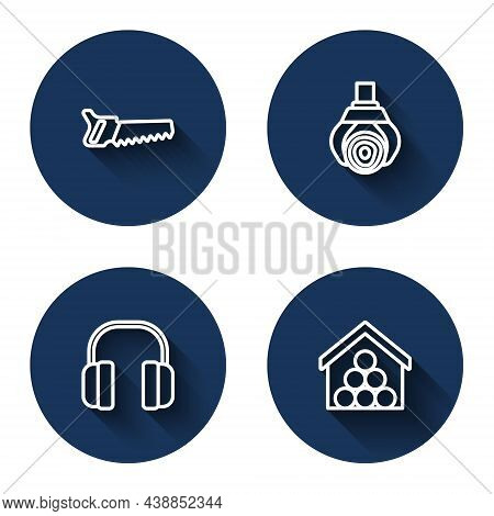 Set Line Hand Saw, Grapple Crane Grabbed Log, Headphones And Wooden Logs With Long Shadow. Blue Circ