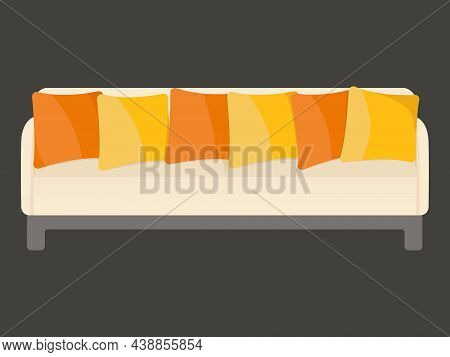 Large Beige Sofa With Bright Pillows On A Dark Background