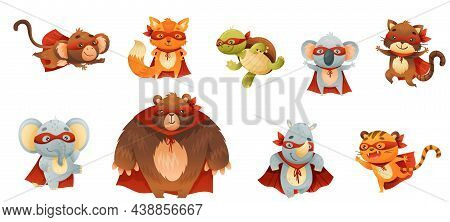 Animal Characters Superhero Dressed In Mask And Red Cape Or Cloak Vector Set