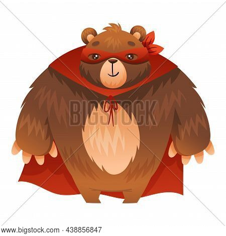 Furry Brown Bear Animal Superhero Dressed In Mask And Red Cape Or Cloak Vector Illustration