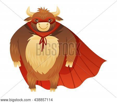 Horned Bull Animal Superhero Dressed In Mask And Red Cape Or Cloak Vector Illustration