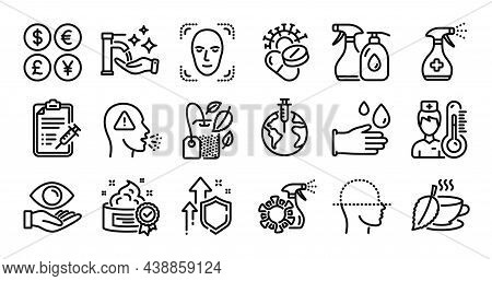Cleaning Liquids, Thermometer And Washing Hands Line Icons Set. Secure Shield And Money Currency Exc