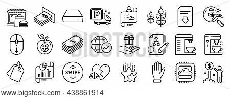 Set Of Business Icons, Such As Dollar, Coffee Maker, Algorithm Icons. Loyalty Program, Truck Parking