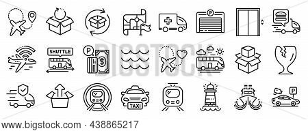 Set Of Transportation Icons, Such As Return Parcel, Train, Airplane Icons. Ship, Parking Security, F