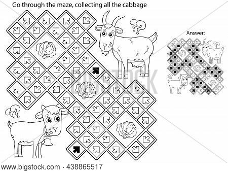 Maze Or Labyrinth Game. Puzzle. Coloring Page Outline Of Cartoon Goat With Goatling Or Kid. Farm Ani