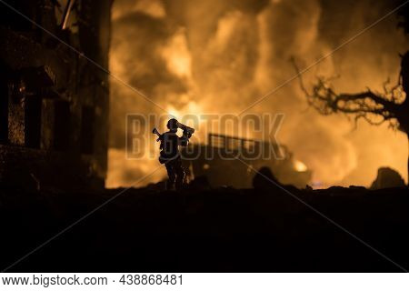 Military Soldier Silhouette With Bazooka. War Concept. Military Silhouettes Fighting Scene On War Fo