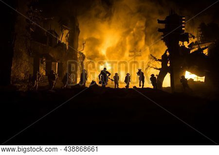 War Concept. Military Silhouettes Fighting Scene On War Fog Sky Background, World War Soldiers Silho