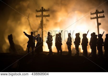 War Concept. Military Silhouettes Fighting Scene On War Fog Sky Background, World War Soldiers Silho